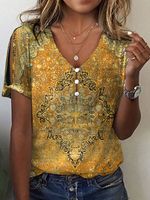 Ethnic Buckle Loose V Neck T-Shirt