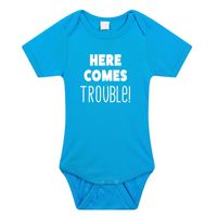 Here comes trouble cadeau baby rompertje blauw voor jongens