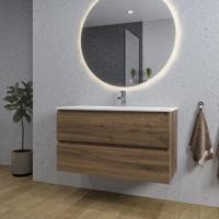 Saniclass Chaci Badkamermeubelset - 100x46x55cm - keramische wastafel wit - 1 wasbak - 1 kraangat - 2 lades - ronde spiegel met verlichting - noten (hout) SW1212772/SW804532/SW161922