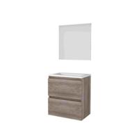 Basic-Line Ultimate 39 Badkamermeubelset - Ondiep - 60 x 39 cm - Greeploos - 2 Lades - Acryl Wastafel - Zonder Kraangat - Spiegel met Indirecte LED Verlichting - Scotch Oak