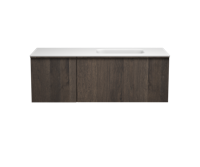 Balmani Forma zwevend badkamermeubel 135 x 55,5 cm gerookt eiken met Tablo Arcatto asymmetrisch rechtse wastafel in matte Solid Surface