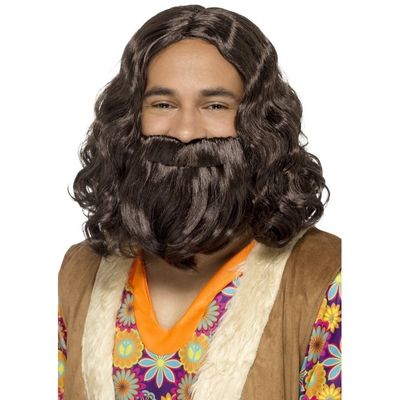 Bruine hippie pruik en baard voor heren