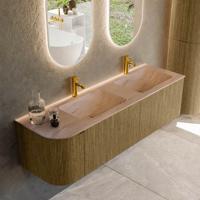 Badmeubel Mondiaz Kurve-Dlux | 155 cm | Meubelkleur Dusk | Wastafelkleur Saba | Solid surface | Dubbel / Rechts spoelbak | 2 kraangaten