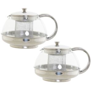 Set van 2x stuks theepotten van glas en RVS 1050 ml met filter/infuser en handvat