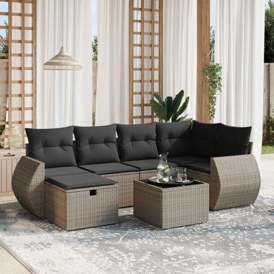 7-delige Loungeset met kussens poly rattan grijs