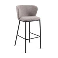 Kave Home Ciselia barkruk H75 bouclé Lichtgrijs poot zwart