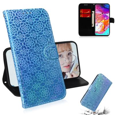 Voor Galaxy A70 effen kleur kleurrijke magnetische Buckle horizontale Flip PU lederen draagtas met houder & kaartsleuven & portemonnee & Lanyard (blau