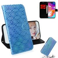 Voor Galaxy A70 effen kleur kleurrijke magnetische Buckle horizontale Flip PU lederen draagtas met houder & kaartsleuven & portemonnee & Lanyard (blau