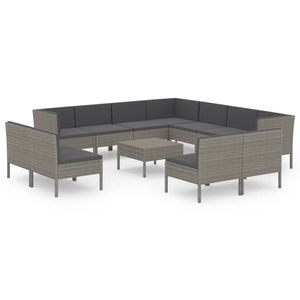 vidaXL 12-delige Loungeset met kussens poly rattan grijs