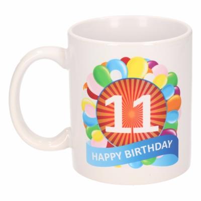 11 jaar Verjaardag koffiemok - cadeau beker - feestelijke ballonnen print - 300 ml - keramiek - wit