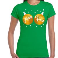 Fout kerst t-shirt groen met gouden merry Xmas ballen voor dames - thumbnail