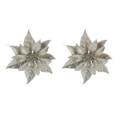 2x stuks decoratie bloemen kerstster champagne glitter op clip 18 cm