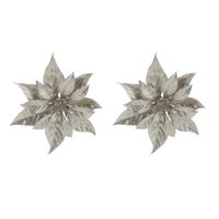 2x stuks decoratie bloemen kerstster champagne glitter op clip 18 cm