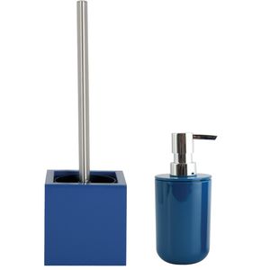 Toiletborstel in houder 37 cm/zeeppompje set Moods - mdf hout/kunststof - blauw