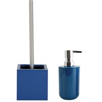 Toiletborstel in houder 37 cm/zeeppompje set Moods - mdf hout/kunststof - blauw - thumbnail