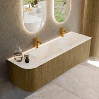 Badmeubel Mondiaz Kurve-Dlux | 155 cm cm | Meubelkleur Dusk | Wastafelkleur Ostra | Solid surface | Dubbel / Rechts spoelbak | 2 kraangaten
