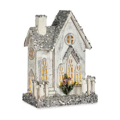 Decoratieve figuren Kerstmis Purpurine LED Licht Huis 24,5 x 32 x 12 cm Grijs Hout Wit