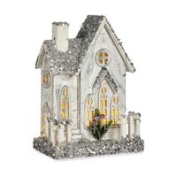 Decoratieve figuren Kerstmis Purpurine LED Licht Huis 24,5 x 32 x 12 cm Grijs Hout Wit