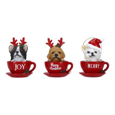 Ornaments dog in cup 3 ass poly - Timstor