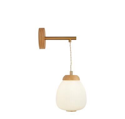 Wandlamp Ella - Brass Metal, Wood & Opal Ribbed Glass