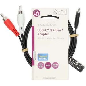 USB-C© Adapter | USB 3.2 Gen 1 | USB-C© Male | 2x RCA Male | 1.00 m | Rond | Vernikkeld | PVC |