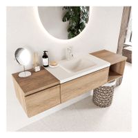 Mondiaz Bukla 160cm badmeubel met open module 40 rechts kleur washed oak 2 lades wastafel midden 1 kraangat kleur talc