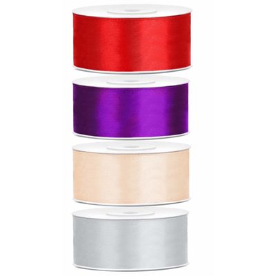 4x rollen satijnlint rood-zilver-paars-creme 2.5 cm x 25 meter