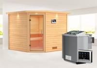 Karibu | Leona Sauna met Dakkraag | Helderglas Deur | Biokachel 9 kW Externe Bediening - thumbnail