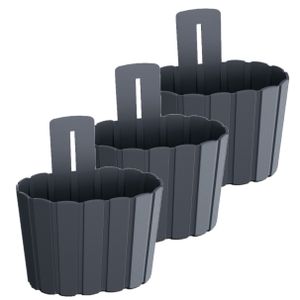 Set van 3x stuks wood-look muur plantenpot/bloempot kunststof dia 20 cm/hoogte 15 cm antraciet