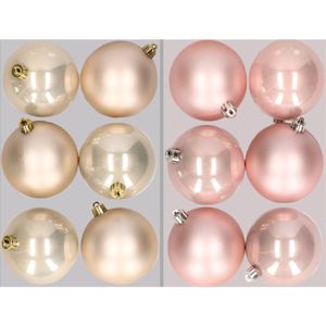 12x stuks kunststof kerstballen mix van champagne en lichtroze 8 cm   -