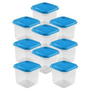 Vershoudbakjes Hega - set van 9x stuks - 0.3 liter - transparant/blauw - L8 x B8 x H11 cm