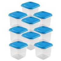 Vershoudbakjes Hega - set van 9x stuks - 0.3 liter - transparant/blauw - L8 x B8 x H11 cm