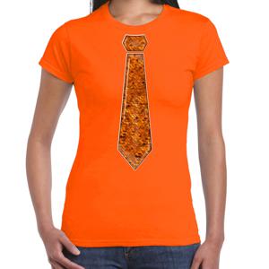 Verkleed t-shirt voor dames - stropdas oranje - pailletten - oranje - carnaval - foute party