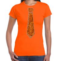 Verkleed t-shirt voor dames - stropdas oranje - pailletten - oranje - carnaval - foute party - thumbnail