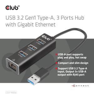 Club 3D USB-A 3.2 Gen1, 3-Ports Hub with Gigabit Ethernet dockingstation