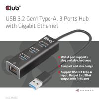 Club 3D USB-A 3.2 Gen1, 3-Ports Hub with Gigabit Ethernet dockingstation - thumbnail