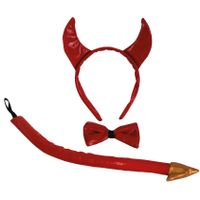 Duivels verkleed setje - hoorntjes diadeem en staart/strik - rood - verkleed accessoires - thumbnail