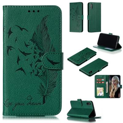 Feather patroon Litchi textuur horizontale Flip lederen draagtas met portemonnee & houder & kaartsleuven voor iPhone XS Max (groen)