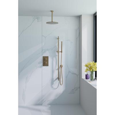 Fortifura Calvi Inbouw Regendoucheset - thermostatisch - plafondarm - glijstang - 25cm hoofddouche - staaf handdouche - metalen doucheslang - geborsteld Messing PVD (Goud) SW720557/SW720555/SW1159494/SW706206/SW767490/SW11