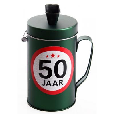 Spaarpot - 50 jaar geworden thema - verjaardag cadeau - Blik met sticker van 9 cm