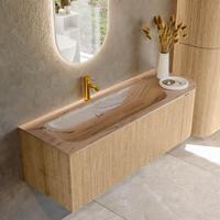 Badmeubel Mondiaz Kurve-Dlux | 135 cm | Meubelkleur Oak | Wastafelkleur Arena | Solid surface | Wasbak linker zijde spoelbak | 1 kraangat