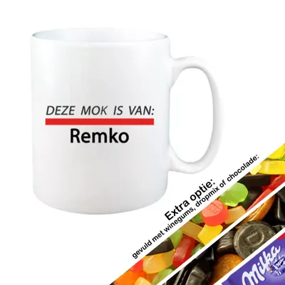 Streep mok met naam (wit)