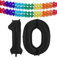 Leeftijd folie ballonnen - Leeftijd cijfer 10 - zwart - 86 cm - en 2x feestslingers gekleurd