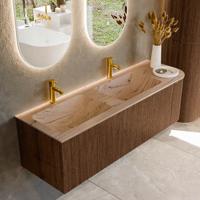 Badmeubel Mondiaz Kurve-Dlux | 145 cm | Meubelkleur Walnut | Wastafelkleur Arena | Solid surface | Dubbel / Links spoelbak | 2 kraangaten