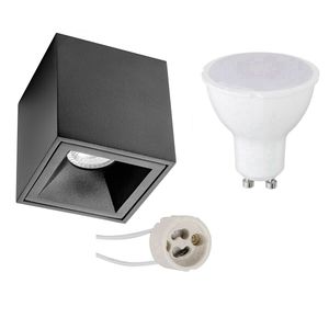 Opbouwspot Set - Pragmi Cliron Pro - GU10 Fitting - Opbouw Vierkant - Mat Zwart - 6W - Natuurlijk Wit 4200K - Verdiept - 90mm