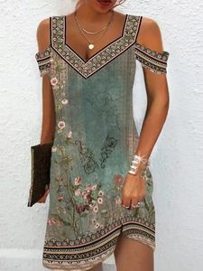 Green Floral V Neck Loose Casual Dress