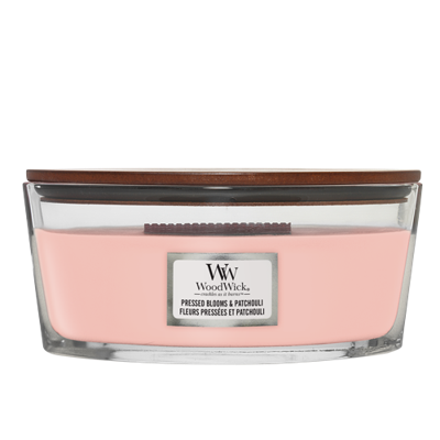 WoodWick Geurkaars Ellipse Pressed Blooms & Patchouli - 9 cm / 19 cm - Geurkaars in Glas - Houten Lont