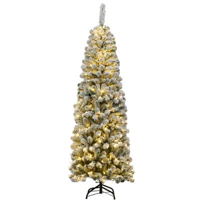 180 cm Kerstboom Potlood met Sneeuw en Warmwitte Ledverlichting Kunstsparren met Metalen Standaard Groen