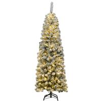180 cm Kerstboom Potlood met Sneeuw en Warmwitte Ledverlichting Kunstsparren met Metalen Standaard Groen