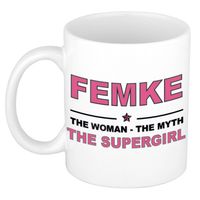 Naam cadeau mok/ beker Femke The woman, The myth the supergirl 300 ml - Naam mokken
